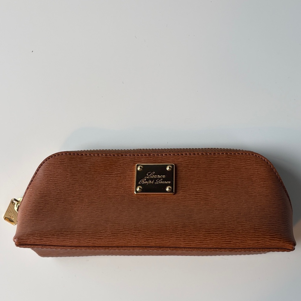 Lauren Ralph Lauren Brown Textured Leather Cosmetic Pouch with Gold Plate